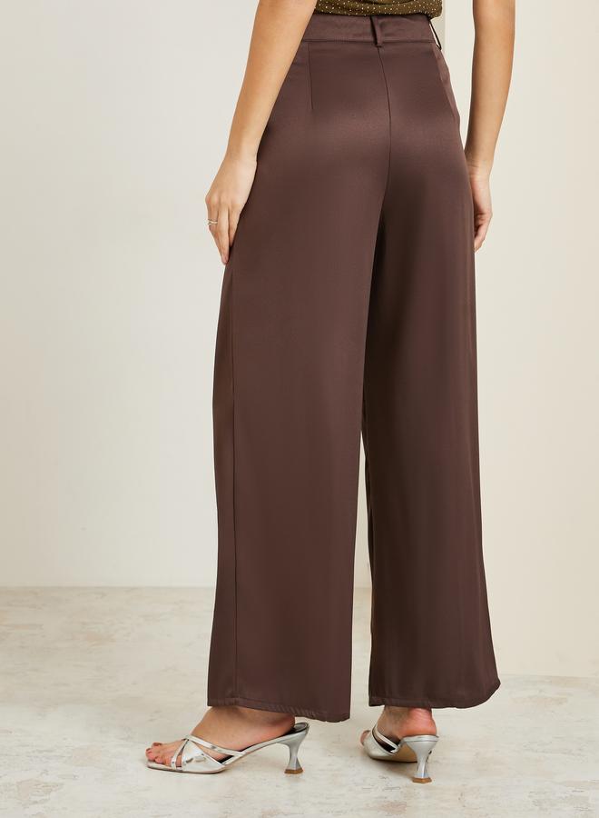 Styli Women Brown Fold Pleat Wide Leg Trousers - Image 3